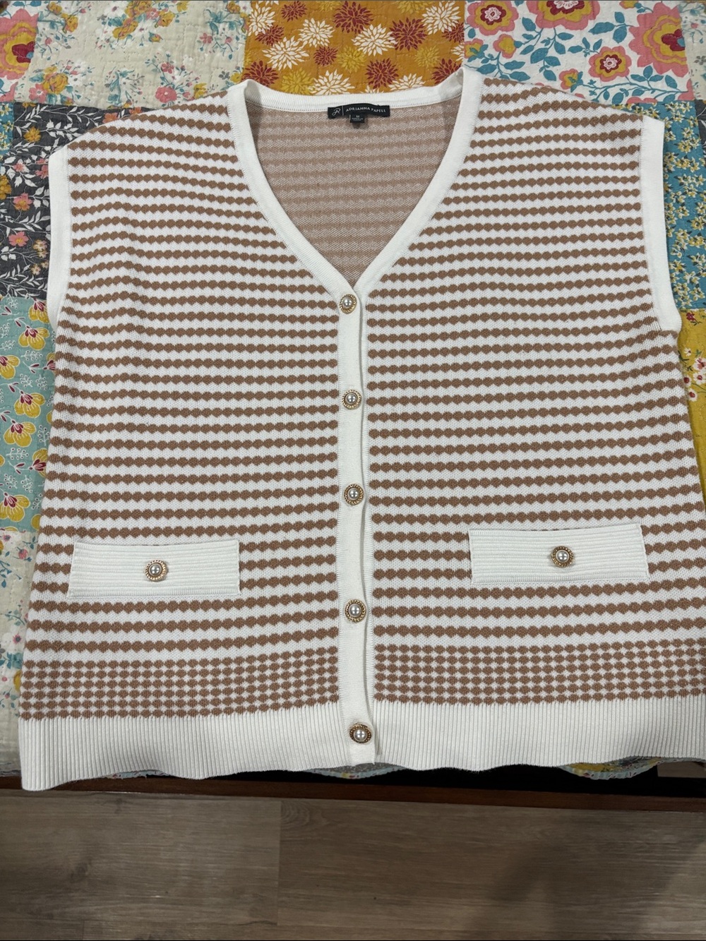 Adrianna Papell Cream and Brown Striped Knit Vest